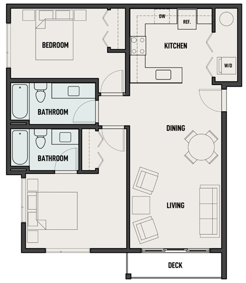 Floor plan for 2 beds, 2 baths, 917 sqft